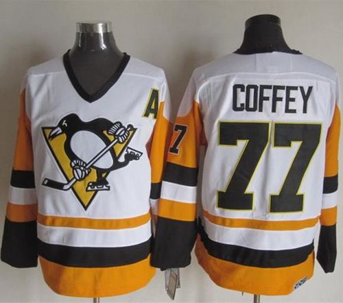 Penguins #77 Paul Coffey White/Black CCM Throwback Stitched NHL Jersey - Click Image to Close